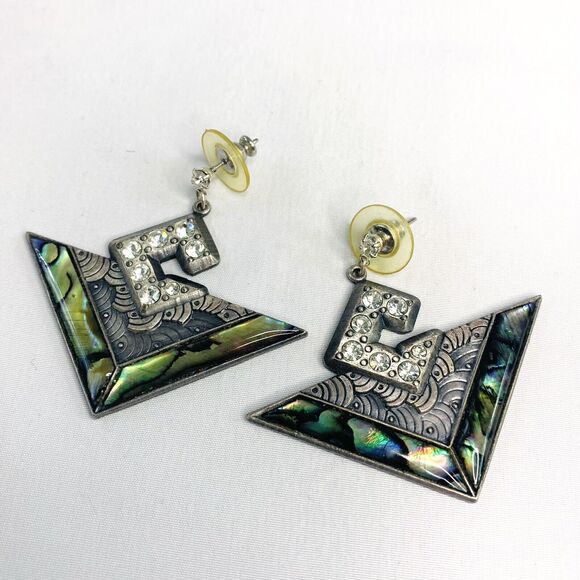 Vintage 80’s Richard NURI Pewter Earrings w/ Abalone Inlay Art Deco Style - Picture 1 of 7